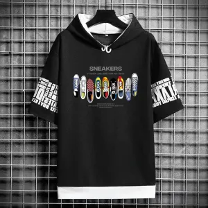 Men's Hooded T-Shirt - Graffiti Sneakers Graphic Streetwear