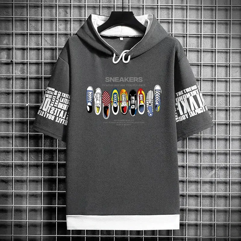 Men's Hooded T-Shirt - Graffiti Sneakers Graphic Streetwear