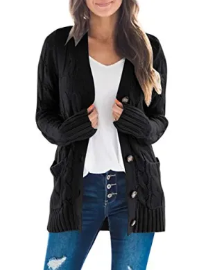 MEROKEETY Women's Long Sleeve Cable Knit Sweater Open Front Cardigan Button Loose Outerwear Black