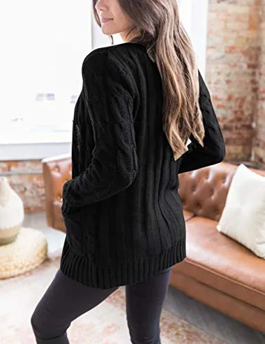 MEROKEETY Women's Long Sleeve Cable Knit Sweater Open Front Cardigan Button Loose Outerwear Black