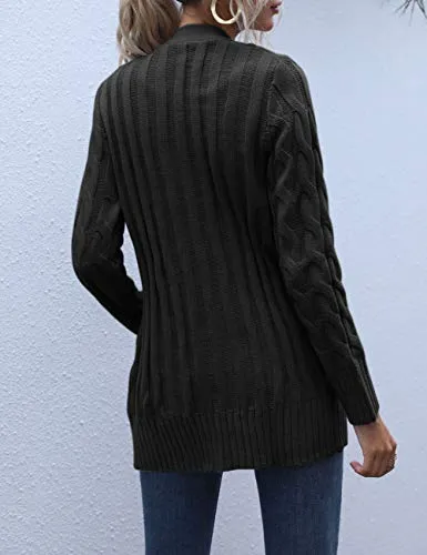 MEROKEETY Women's Long Sleeve Cable Knit Sweater Open Front Cardigan Button Loose Outerwear Black