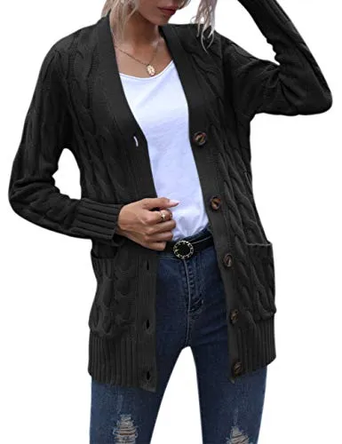MEROKEETY Women's Long Sleeve Cable Knit Sweater Open Front Cardigan Button Loose Outerwear Black