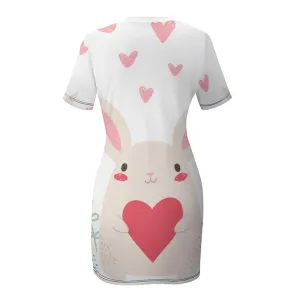 Pink Heart White Crew Neck Short Sleeve Dress- Rabbit