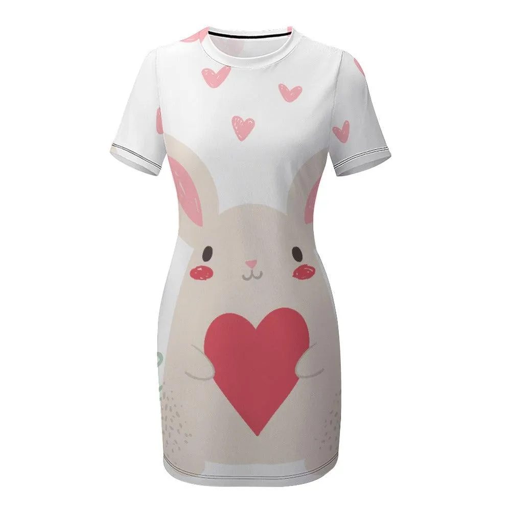 Pink Heart White Crew Neck Short Sleeve Dress- Rabbit
