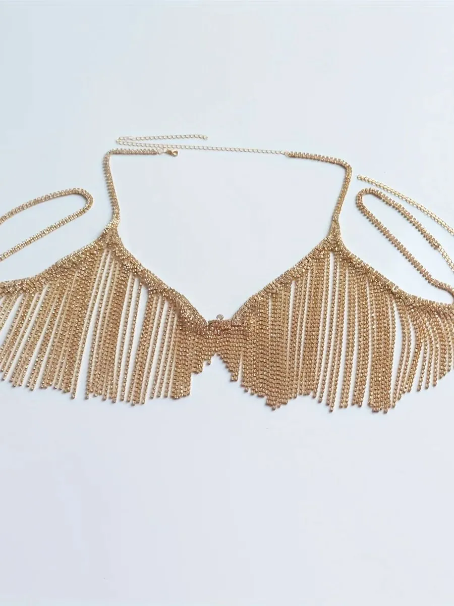 Rhinestone Fringe Chain Bra Set
