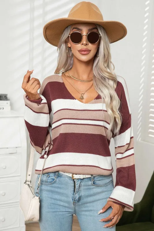 SHIRT- SWEATER- STRIPED LIGHT WEIGHT V NECK