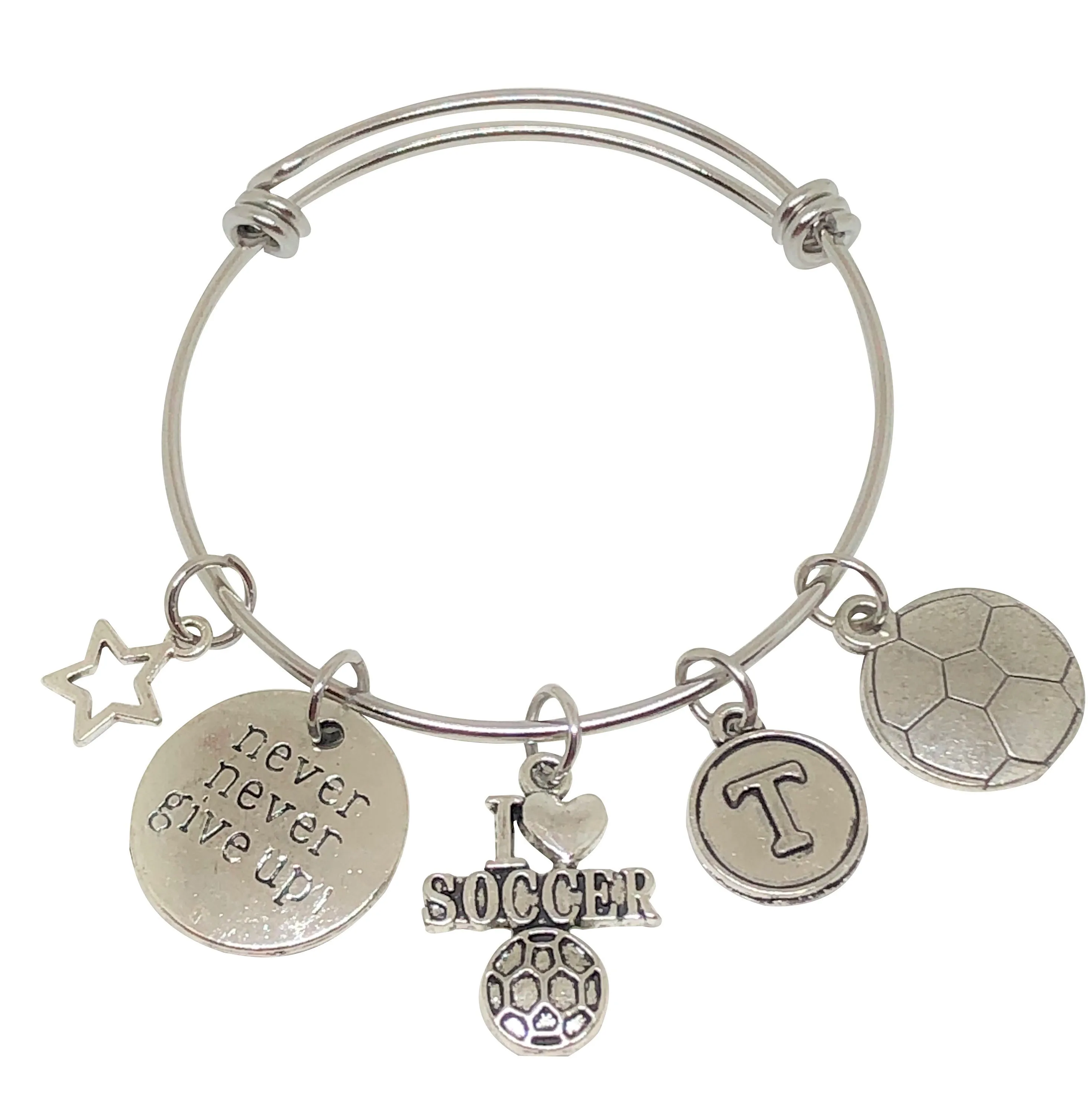 Soccer Personalized Charm Bracelet - Never Give Up!