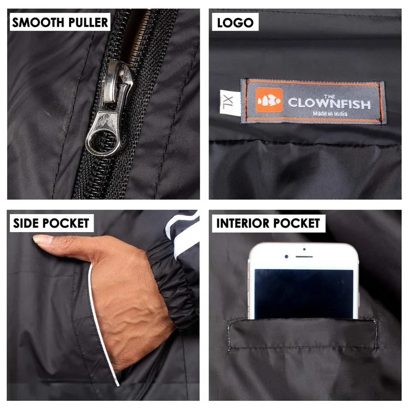 THE CLOWNFISH Men's Activewear Jacket - Cool Design with Pockets | Stand Collar | XL | Black with White Stripes