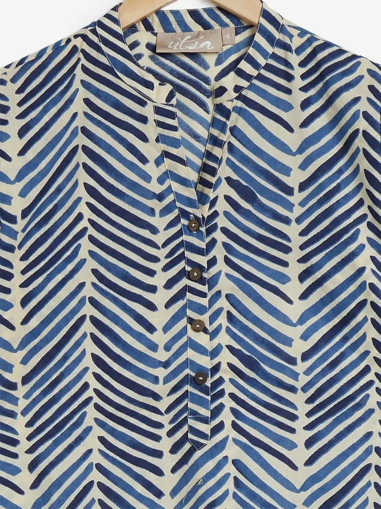 Utsa Indigo Chevron Pattern Straight Kurta
