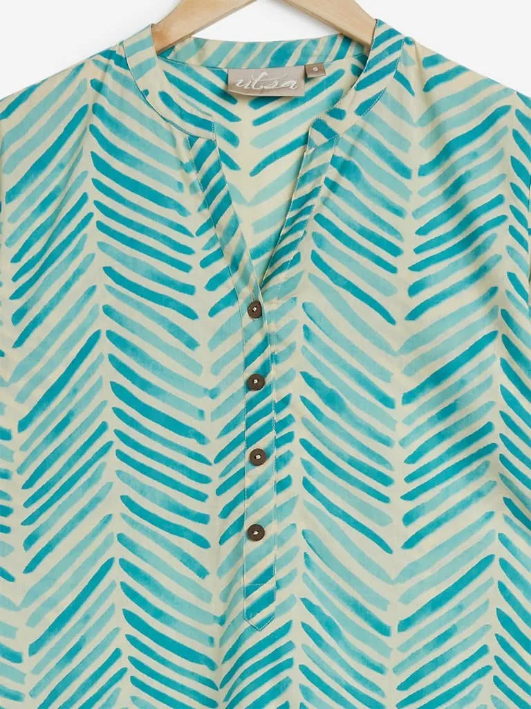 Utsa Turquoise Chevron Pattern Straight Kurta