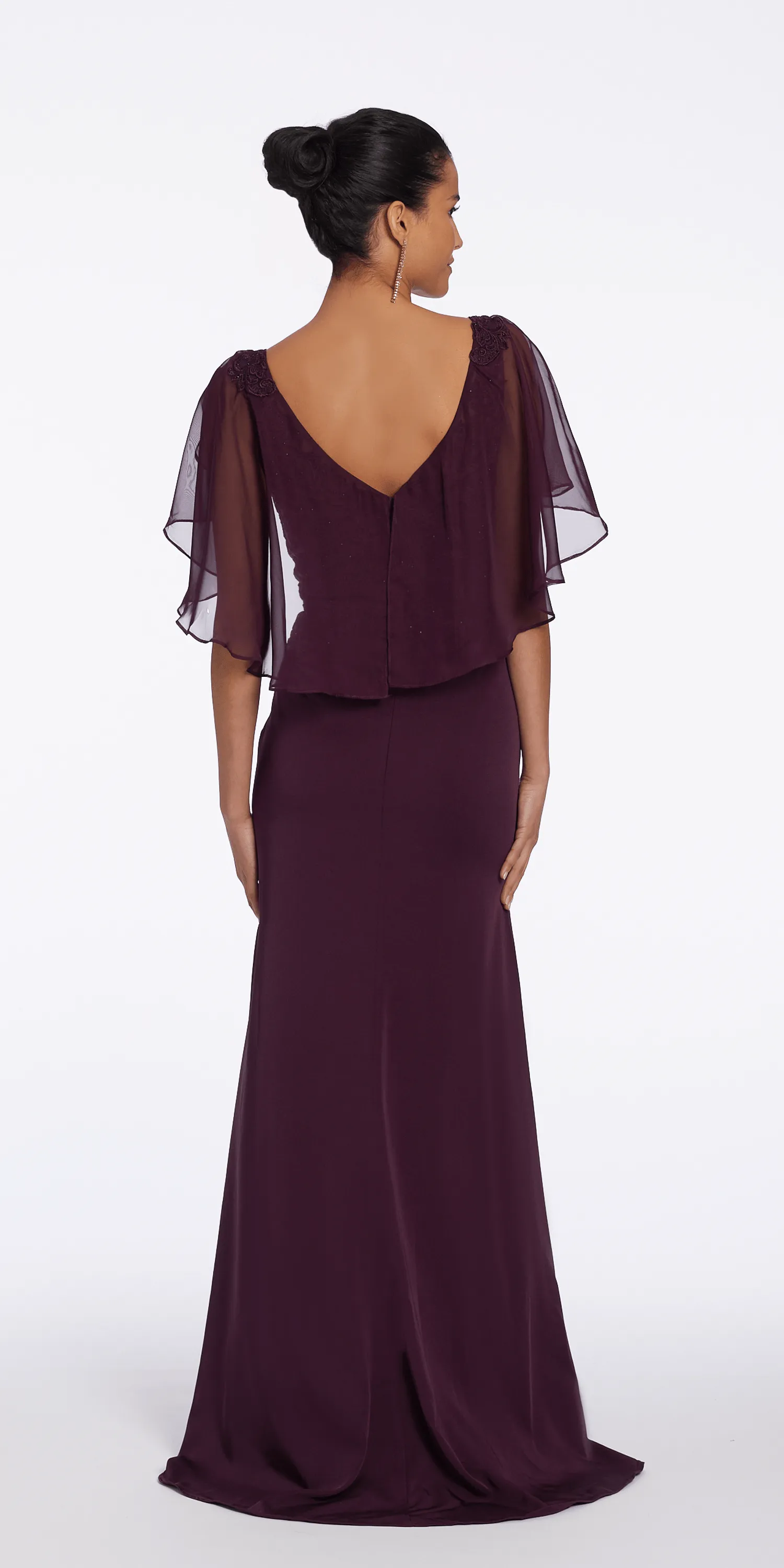 V Neck Crepe and Chiffon Capelet Dress