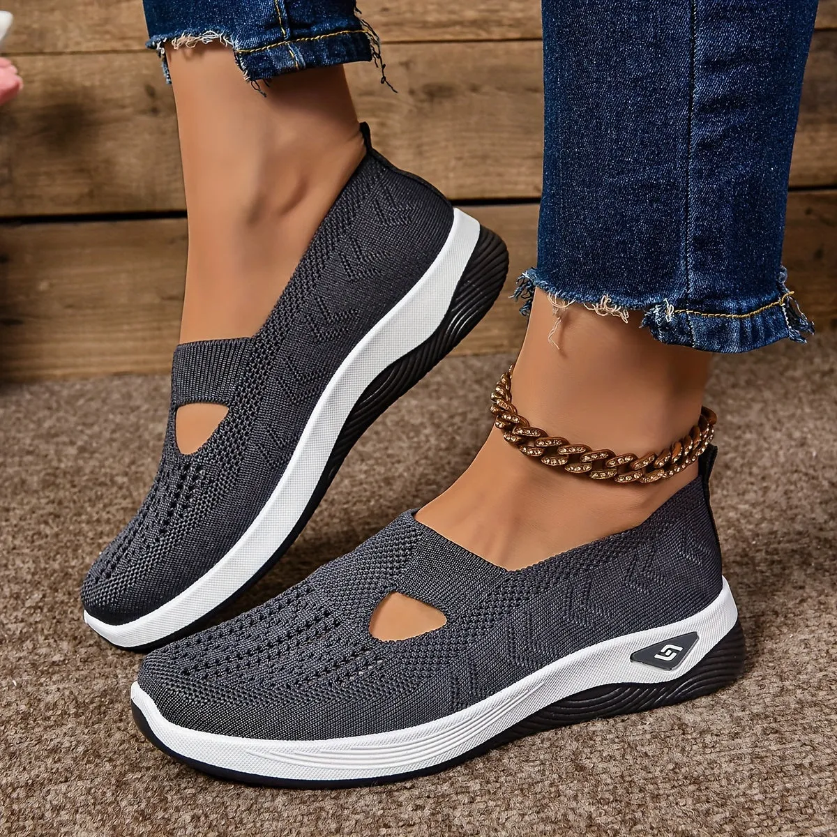 Women's Cut-out Sneakers, Casual Breathable Slip On Walking Shoes, Lightweight Outdoor Flat Shoes