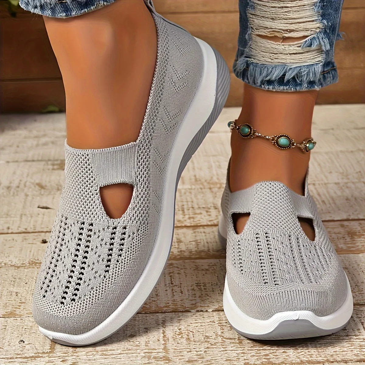 Women's Cut-out Sneakers, Casual Breathable Slip On Walking Shoes, Lightweight Outdoor Flat Shoes