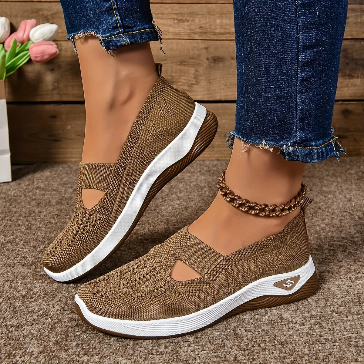 Women's Cut-out Sneakers, Casual Breathable Slip On Walking Shoes, Lightweight Outdoor Flat Shoes