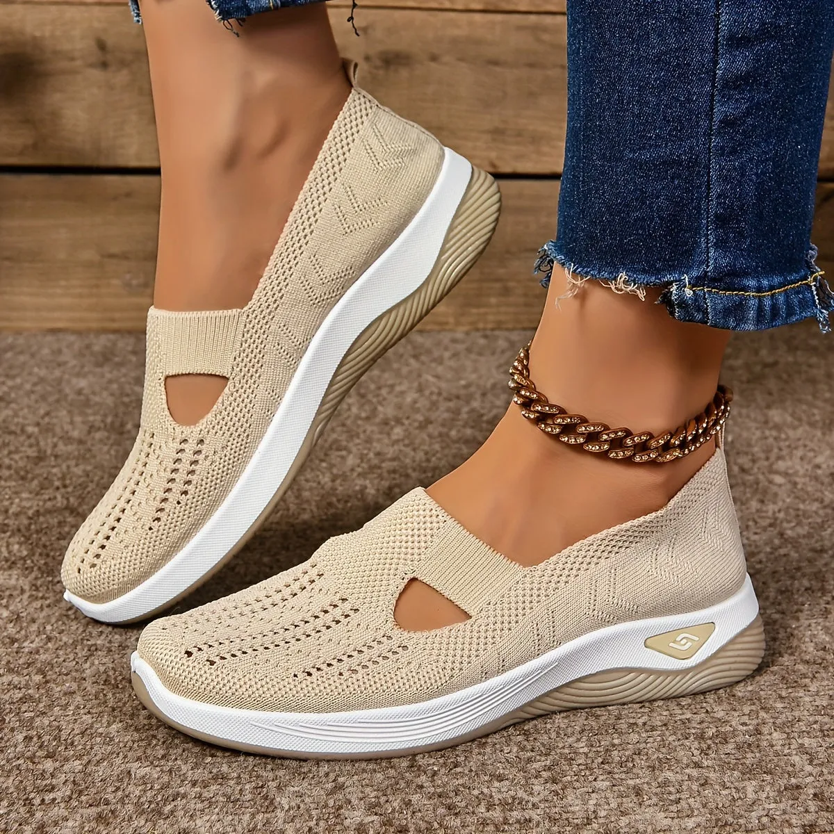 Women's Cut-out Sneakers, Casual Breathable Slip On Walking Shoes, Lightweight Outdoor Flat Shoes