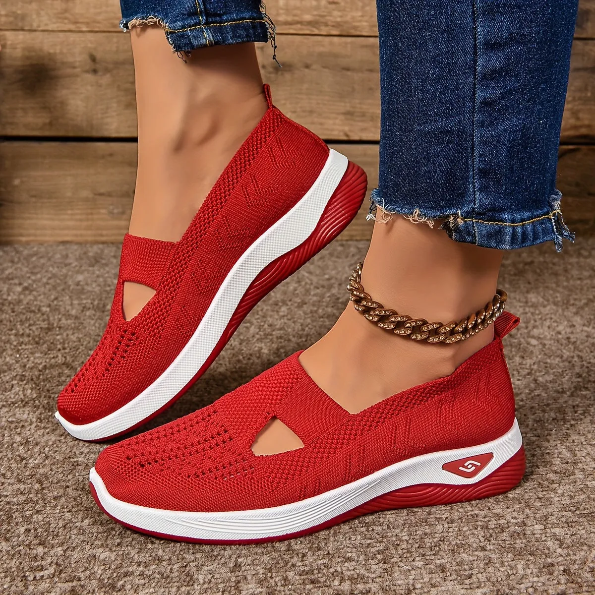 Women's Cut-out Sneakers, Casual Breathable Slip On Walking Shoes, Lightweight Outdoor Flat Shoes