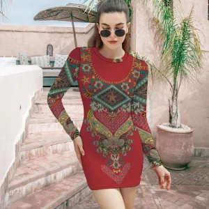 Women's Elegant Long Sleeve Skinny Dress - Indian ornament