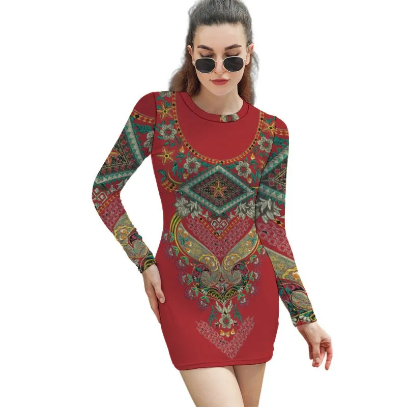 Women's Elegant Long Sleeve Skinny Dress - Indian ornament