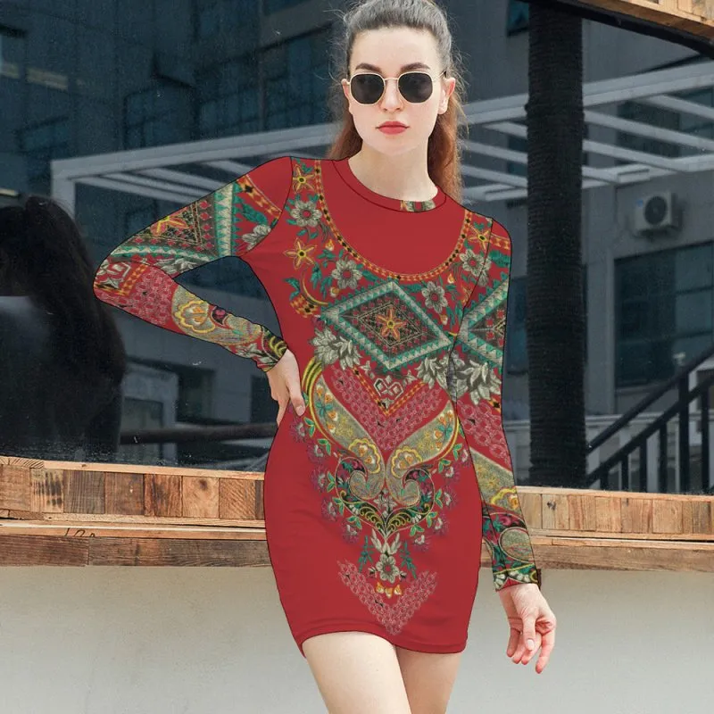 Women's Elegant Long Sleeve Skinny Dress - Indian ornament