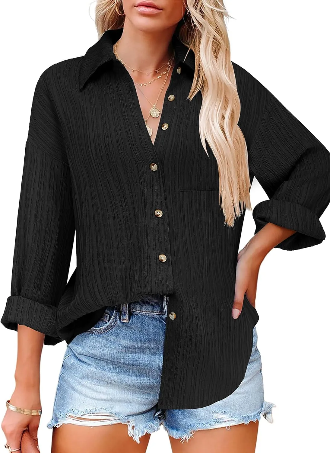 Zeagoo Womens Button Down Shirts Casual Long Sleeve Blouses V Neck Dress Shirt Textured Collared Work Tops with Pocket
