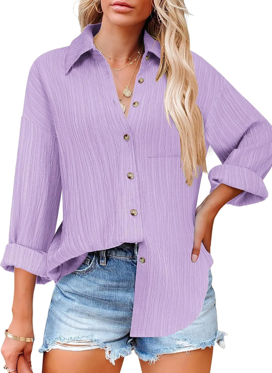 Zeagoo Womens Button Down Shirts Casual Long Sleeve Blouses V Neck Dress Shirt Textured Collared Work Tops with Pocket