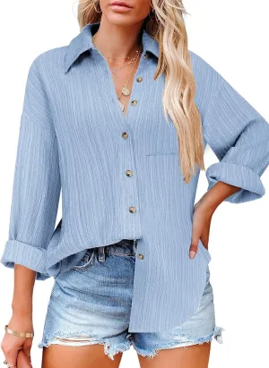 Zeagoo Womens Button Down Shirts Casual Long Sleeve Blouses V Neck Dress Shirt Textured Collared Work Tops with Pocket