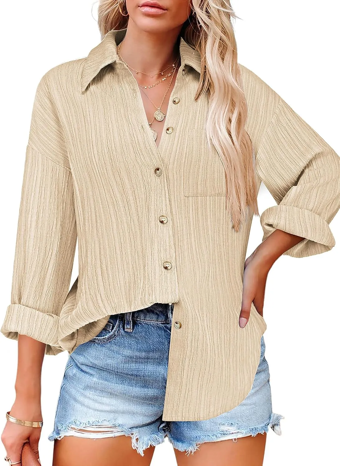 Zeagoo Womens Button Down Shirts Casual Long Sleeve Blouses V Neck Dress Shirt Textured Collared Work Tops with Pocket