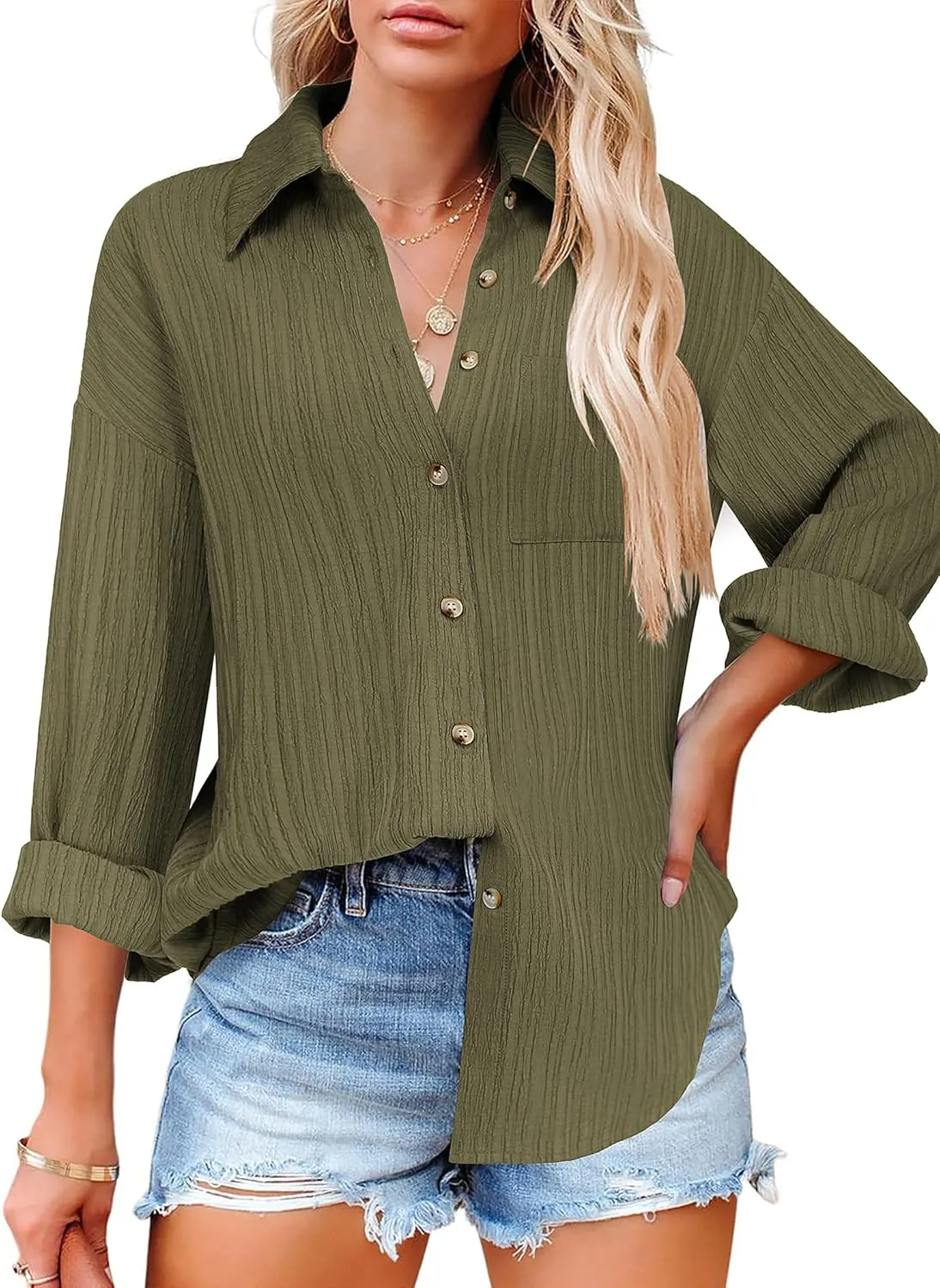 Zeagoo Womens Button Down Shirts Casual Long Sleeve Blouses V Neck Dress Shirt Textured Collared Work Tops with Pocket