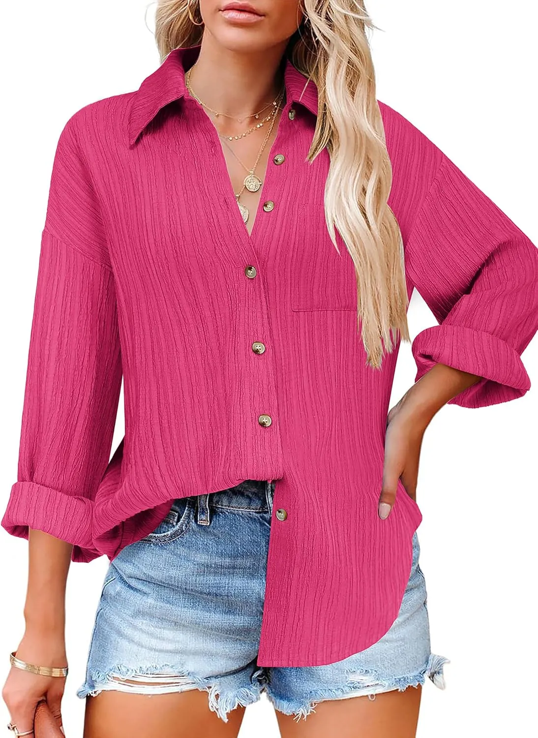 Zeagoo Womens Button Down Shirts Casual Long Sleeve Blouses V Neck Dress Shirt Textured Collared Work Tops with Pocket