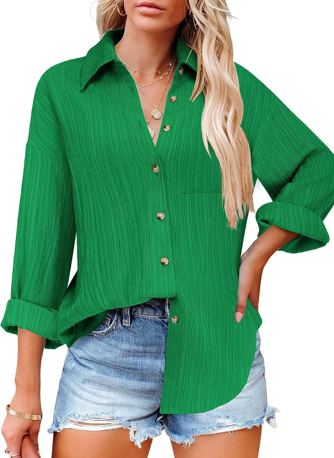Zeagoo Womens Button Down Shirts Casual Long Sleeve Blouses V Neck Dress Shirt Textured Collared Work Tops with Pocket
